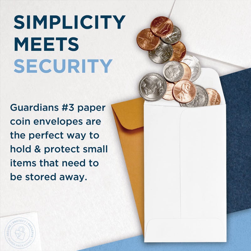 GUARDIAN 500 Guardian #3 Paper Coin Envelopes - Blank Small Envelopes for Coins, Receipts, Stamps, Small Parts Storage, & More â€“ 2-1/2â€ x 4-1/4â€ Cash Envelopes â€“ Gummed Flap Gift Card Holder Envelope - Image 2